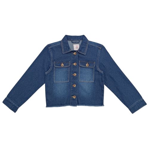 Chaqueta color azul tipo denim de diseño lavado con bolsillos frontales para niña