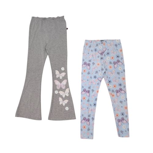 Pack de leggins en tonos gris y celeste con diseño estampado de mariposas para niña
