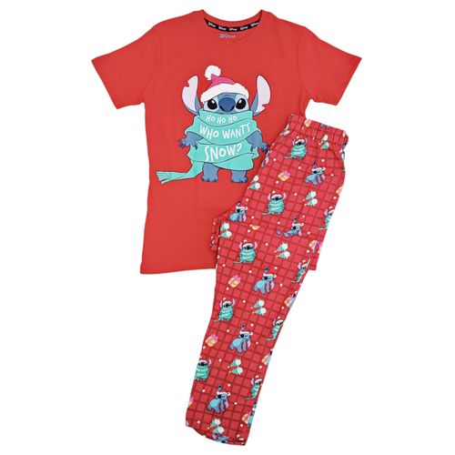 Pijama con pantalón color rojo con estampado navideño alusivo a Stitch para mujer
