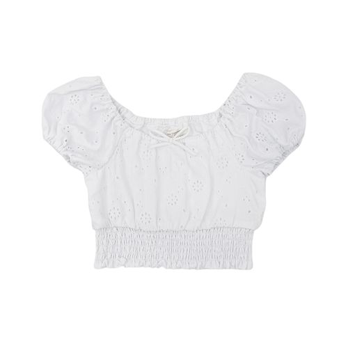 Blusa crop color blanco de cuello cuadrado y mangas abullonadas para niña