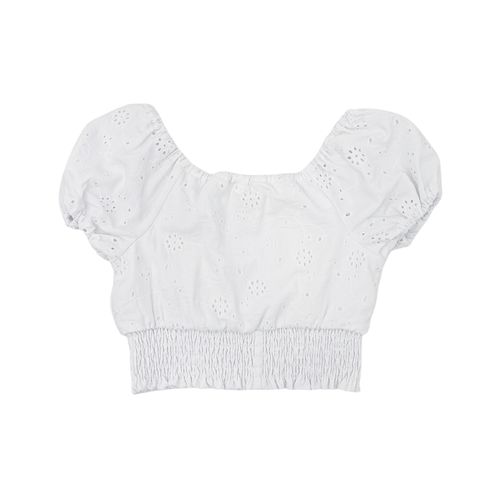 Blusa crop color blanco de cuello cuadrado y mangas abullonadas para niña