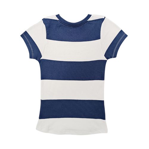Blusa en tonos navy y blanco de cuello redondo con mangas cortas para niña