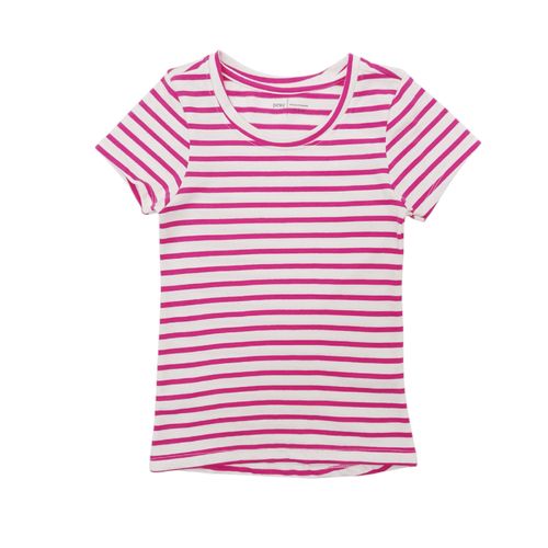 Blusa en color rosa de cuello redondo y mangas cortas con diseño rayado para niña
