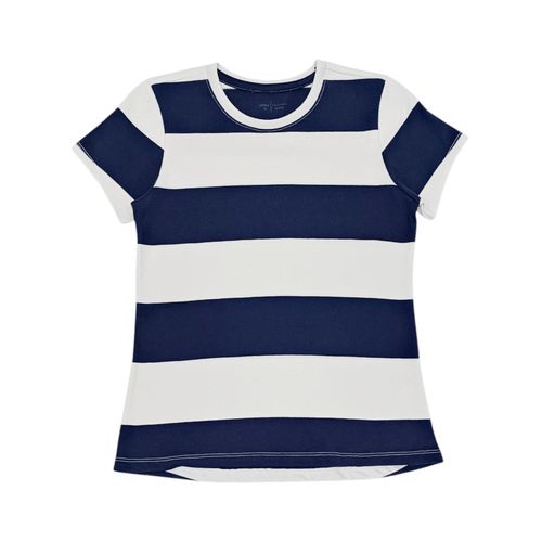 Blusa en tonos navy y blanco de cuello redondo con mangas cortas para niña