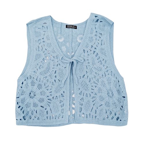Chaleco color celeste con detalle floral para mujer