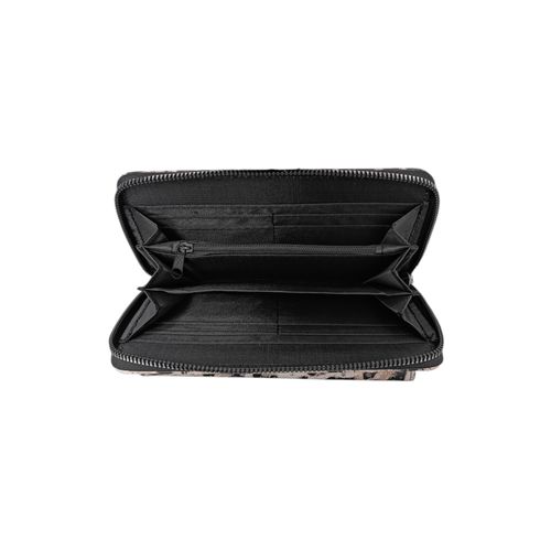 Billetera zip around en tonos beige y negro con estampado de animal print para mujer