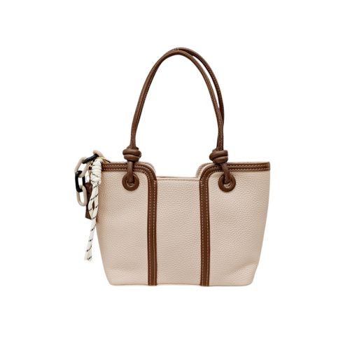 Cartera satchel color beige con detalles en marrón para mujer