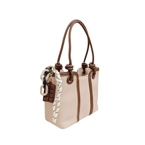 Cartera satchel color beige con detalles en marrón para mujer