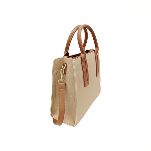 Cartera shopper color beige oscuro con detalles en café para dama