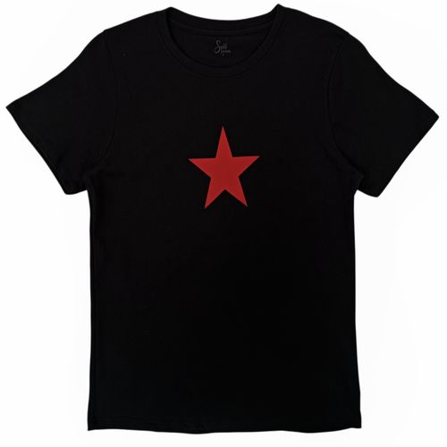 Camiseta estampada color negro de cuello redondo con mangas cortas para mujer