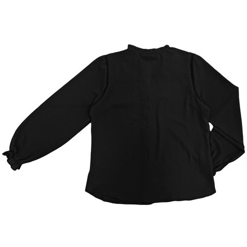 Blusa color negro escote en V con mangas largas de ruffles para mujer