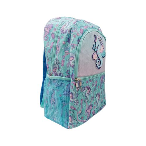 Mochila escolar color turquesa con tematica de caballito y estrellas de mar