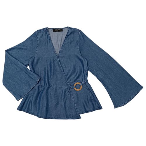 Blusa color azul denim escote cruzada de mangas largas para mujer