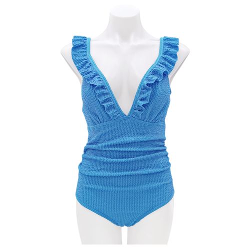 Traje de baño de una pieza color azul de escote en V para mujer