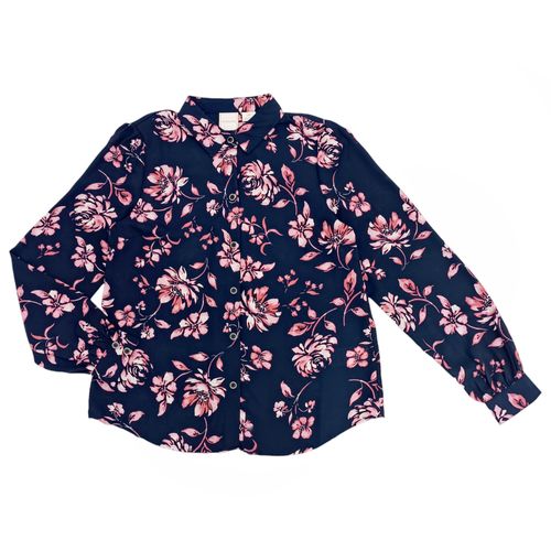 Blusa color navy con estampado floral de mangas largas roll up casual para mujer