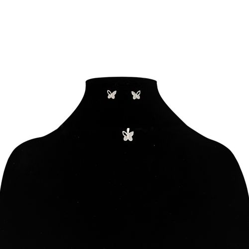 Set de aritos y dije en color plateado en forma de mariposas para mujer