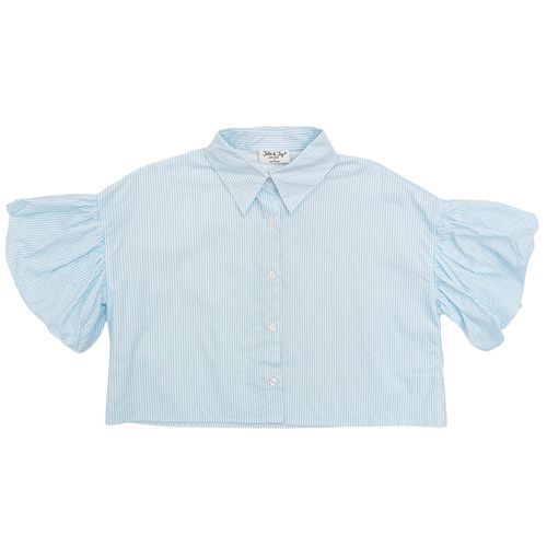 Blusa estilo crop top color celeste con mangas abullonadas para mujer