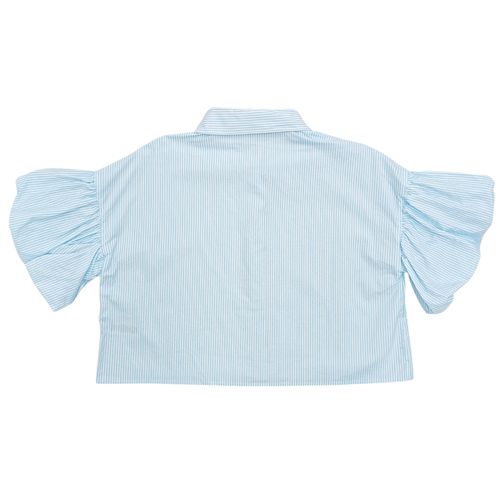 Blusa estilo crop top color celeste con mangas abullonadas para mujer