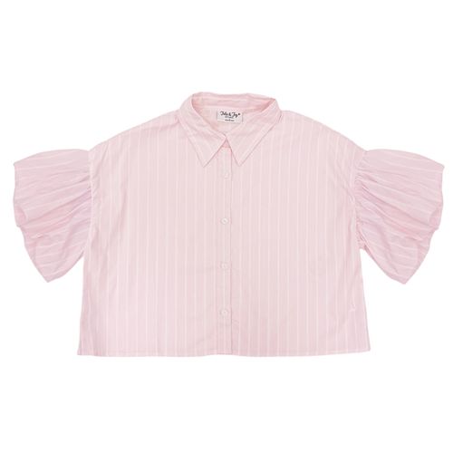 Blusa estilo crop top color rosa con mangas abullonadas para mujer