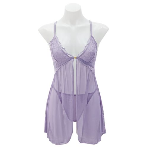 Baby doll color lila con diseño de cuello en V profundo y copas de encaje para mujer