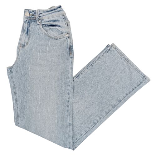 Straight jeans color azul claro con detalle de piedras brillantes para mujer