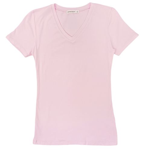 Camiseta color rosa con cuello V de mangas cortas para mujer