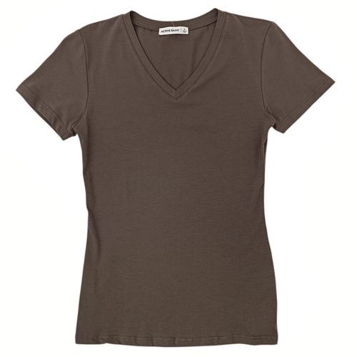 Camiseta color café con cuello V de mangas cortas para mujer