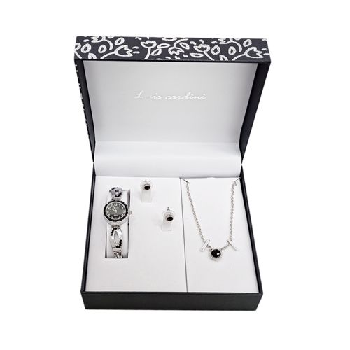 Set de reloj en color plateado con detalles en negro para mujer