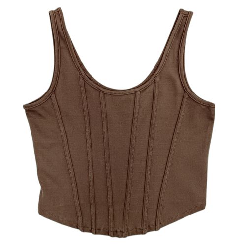 Crop top color café tipo corset de cuello redondo para mujer