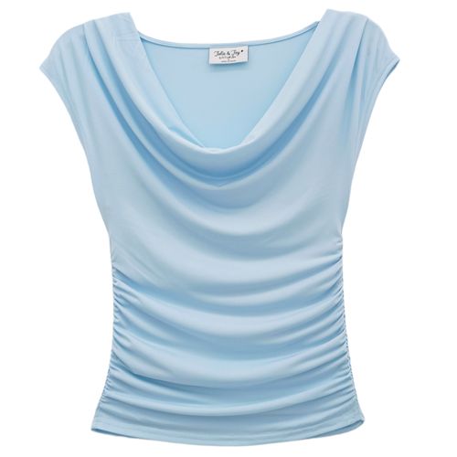 Blusa color celeste con escote drapeado para mujer