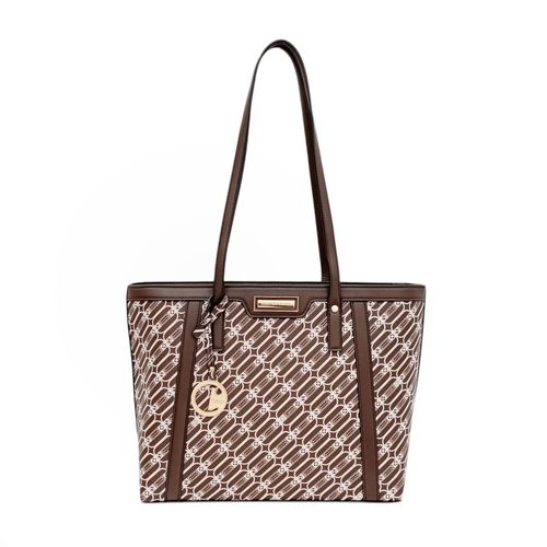 Cartera tote color café con estampado de marca para mujer