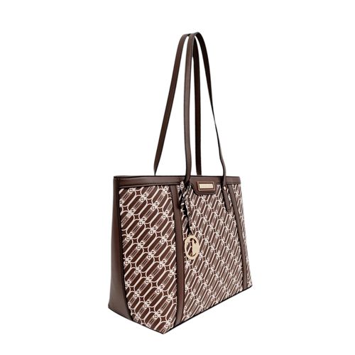 Cartera tote color café con estampado de marca para mujer
