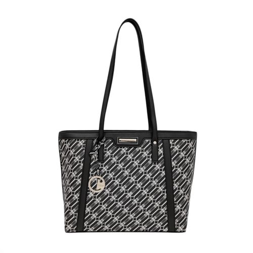 Cartera tote color negro con estampado de marca para mujer