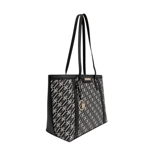 Cartera tote color negro con estampado de marca para mujer
