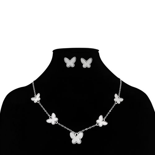 Set de collar con aritos de mariposa color plateado para mujer
