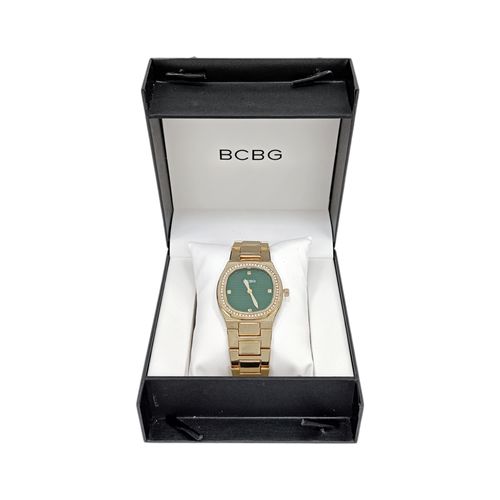 Reloj análogo color dorado con placa verde para mujer