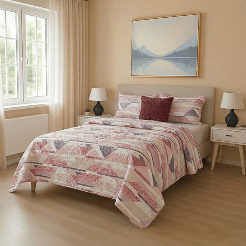 Set de cubrecama King en color rosa con diseño estampado 4 piezas