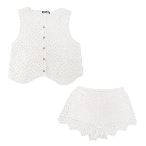 Conjunto con short tipo salida de baño tejido en color blanco para mujer