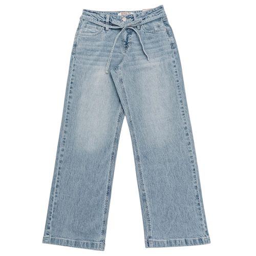 Wide leg jeans color azul claro lavado con detalle de laza para mujer