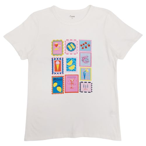 Camiseta color blanco con estampado multicolor en cuello redondo  para mujer