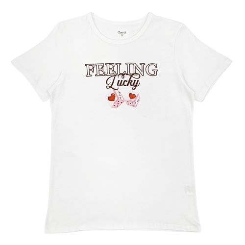 Camiseta color blanco con estampado de la suerte del amor para mujer