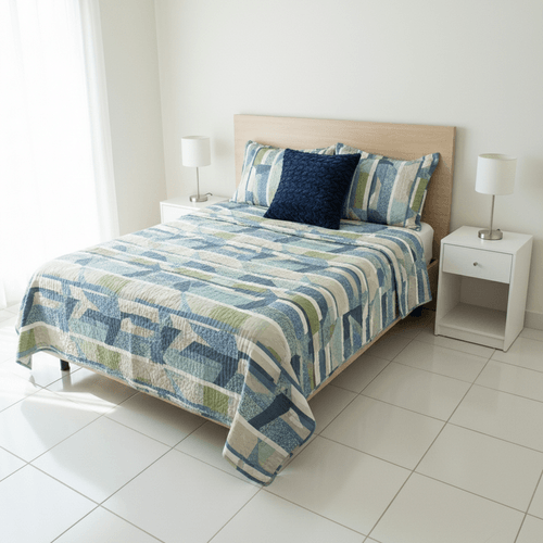 Set de cubrecama Full en color azul con diseño estampado 4 piezas