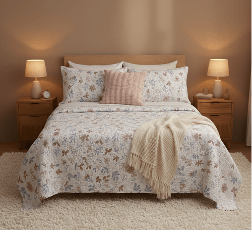 Set de 4 piezas de cubrecama Queen color rosa estampado