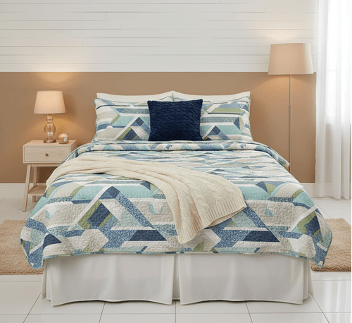 Set de cubrecama Queen en color azul con diseño estampado 4 piezas