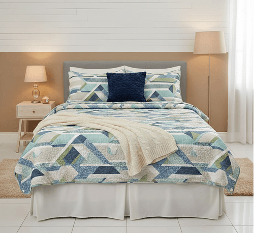 Set de cubrecama King en color azul con diseño estampado 4 piezas