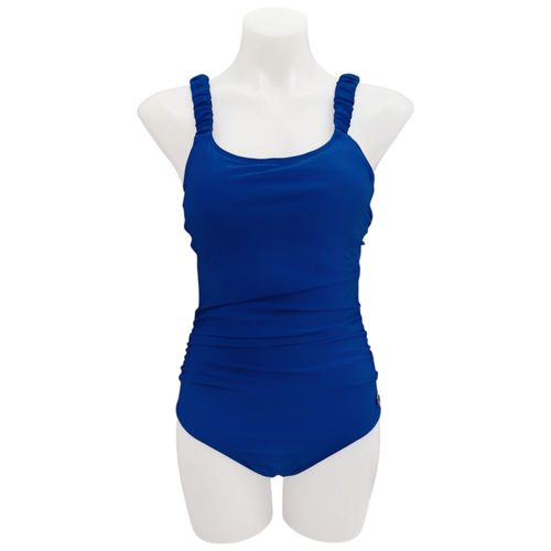 Traje de baño de una pieza en color azul con fruncido en tirantes para mujer