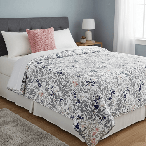 Set de cubrecama Full en color rosa con diseño estampado 4 piezas