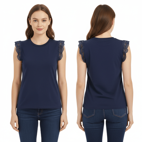 Blusa casual color azul con mangas cortas caladas para mujer