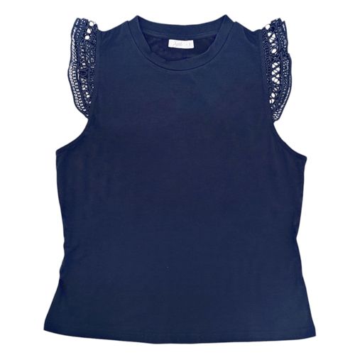 Blusa casual color azul con mangas cortas caladas para mujer