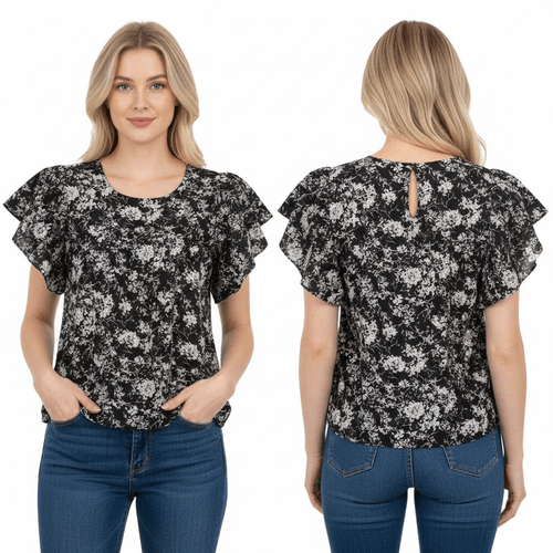 Blusa color negro de cuello redondo y mangas cortas con vuelo para mujer